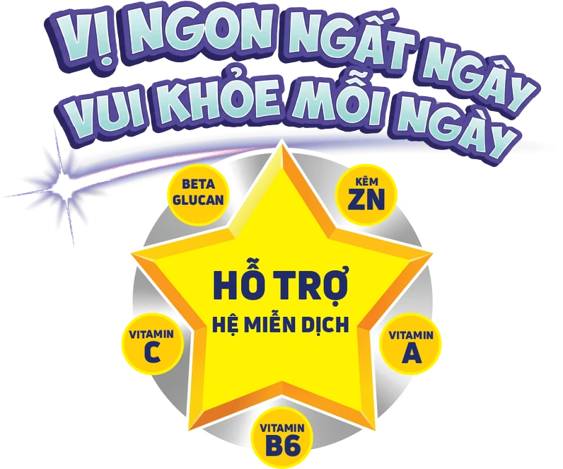 Vị ngon ngất ngây, vui khỏe mỗi ngày. Hỗ trợ hệ miễn dịch: Beta Glucan, Kẽm, Vitamin C, A, B6